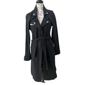 NWT-Chaser Black Long Trench Coat with Wide Lapels and Belt, zipper pockets